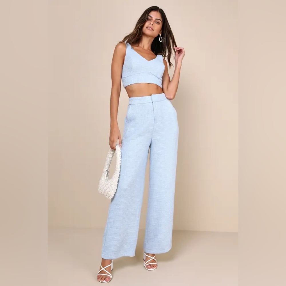 NWT Lulu’s Chic Light Blue Tweed Wide-Leg Pants